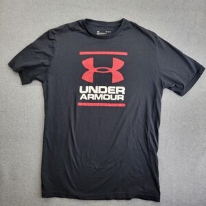 Under Armour Shirt Mens Medium Black Red Logo Graphic Crewneck Short Sleeve